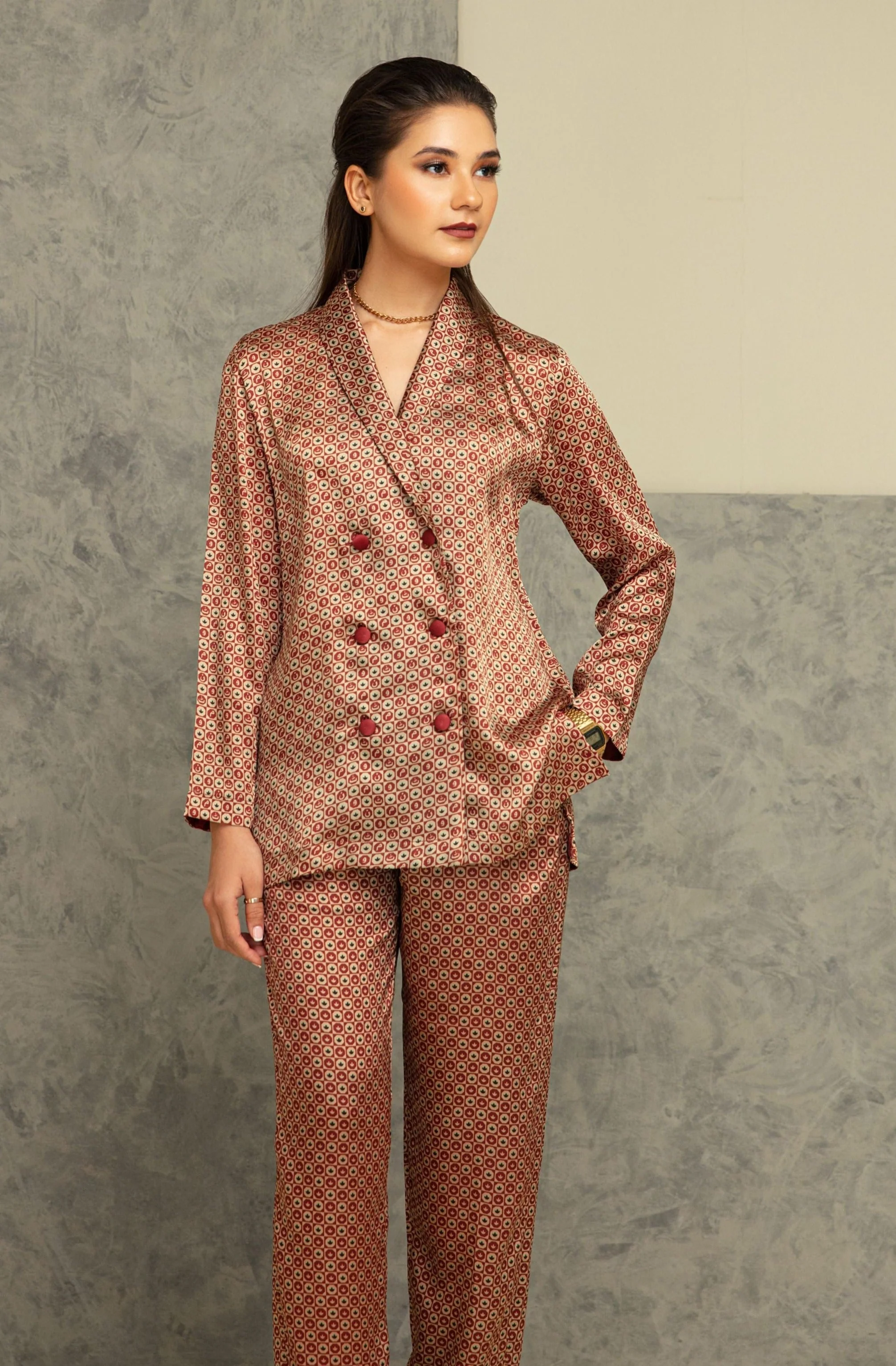 Blocks Silk Co-ord Set - Royal Maroon & Gold - Image 3
