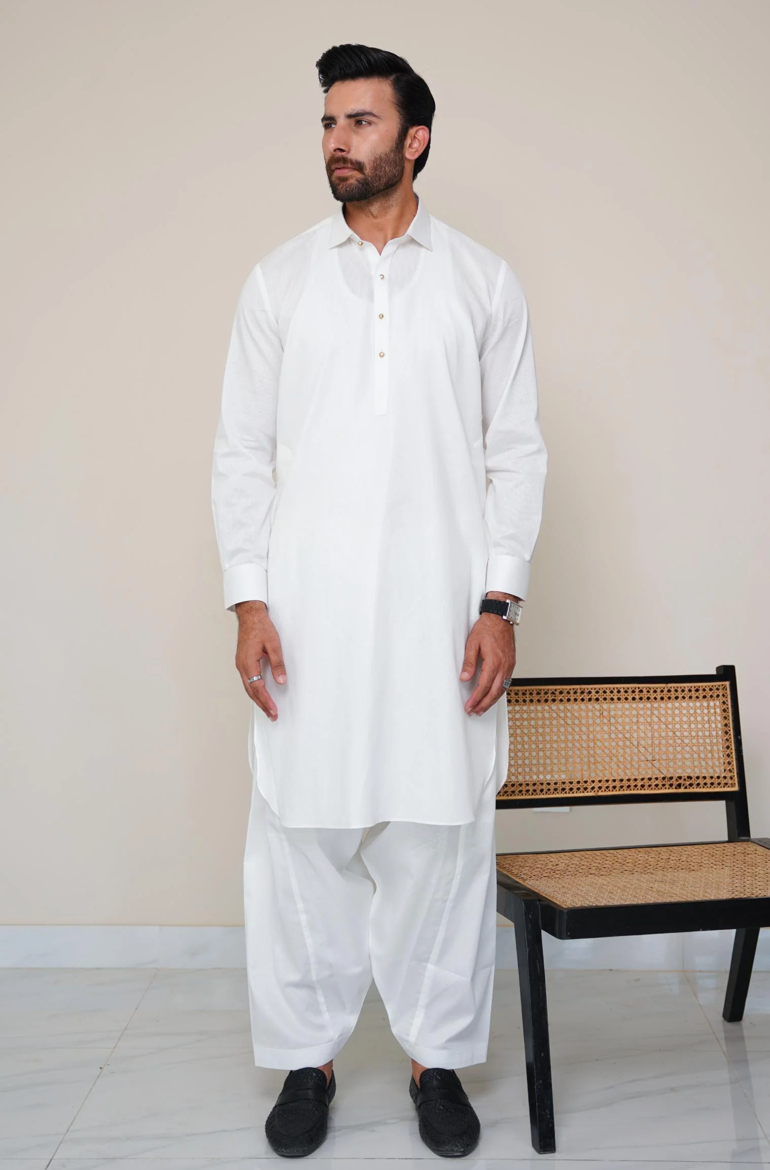 Textured Cotton Kameez Shalwar - Cloud White (Men) - Image 5